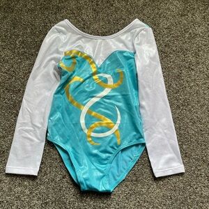 Girl’s Size 110 Aqua & White Long Sleeve Gymnastics Leotard